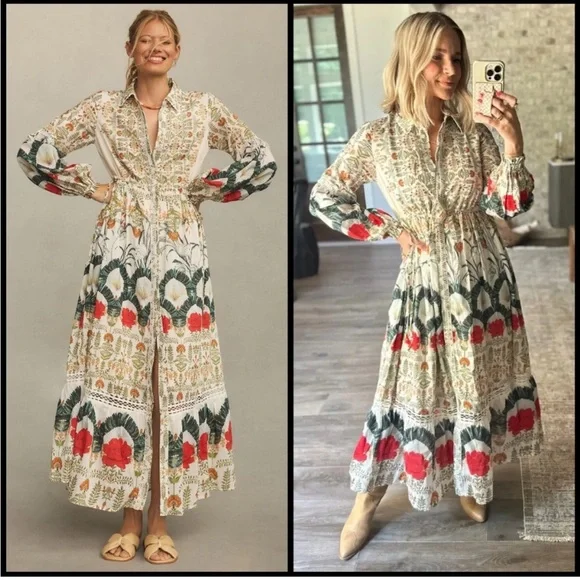 Anthropologie Button Down Eleanora Maxi ShirtDress Botanical Motif XL Needs TLC - Picture 2 of 6